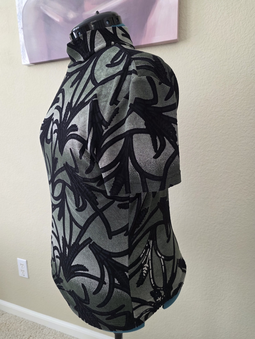 Women’s Olive Green Short-Sleeve Mock Neck Top with Black Velvet Flocked Pattern - Picture 2 of 7